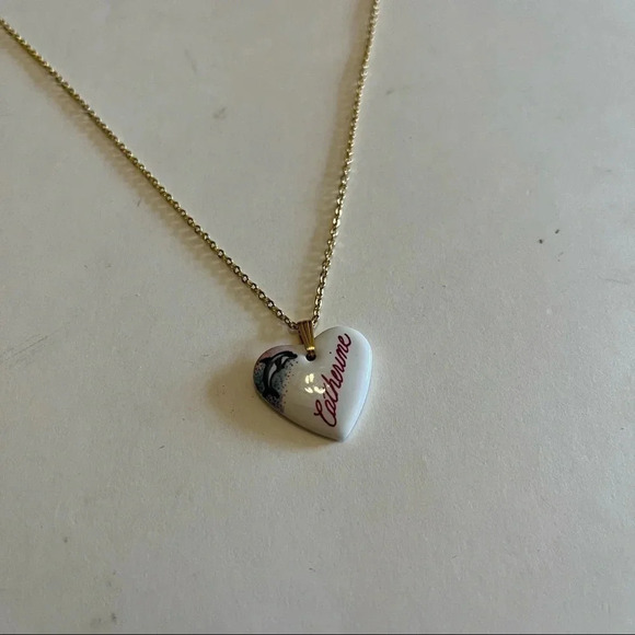 Name Necklace Catherine Dolphin Heart Ceramic Gold Tone Chain - Picture 2 of 5